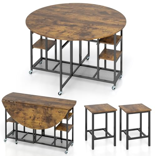 RELAX4LIFE Table à Manger Ronde Pliante avec Plateau Extensible | Ensemble Table et 2 Chaises, 6 Roulettes Universelles, Étagère, Porte-Bouteille, Convertible pour Salle à Manger Salon Bureau