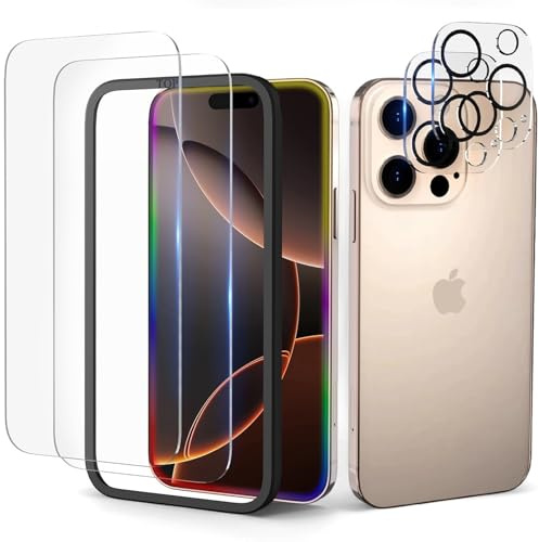 sjkdm Schutzfolie für iPhone 16 Pro 6,3 Zoll, 2+2 Stück für Panzer Schutz Glas und Kameraschutz mit Positionierhilfe, 9H Härte, Anti-Bläschen, Anti-Kratzen, HD Displayschutzfolie für iPhone 16 Pro