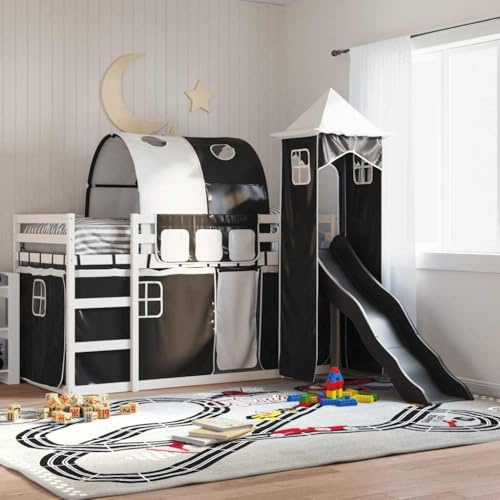 Zeehear White & Black Bunk Bed Frame with Slide, Solid Pine Wood, 90x200 cm, Safety Guardrails, Ladder, Play Tent Curtains, Kids Room Furniture, Fun Sleep & Play Solution