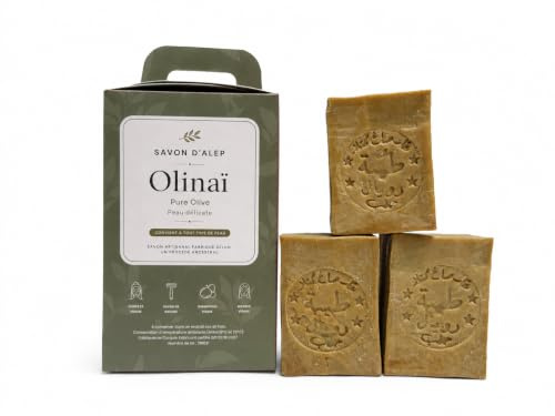 Savon d’Alep 3 x 200g Pure Olive – Savon solide naturel visage, corps et cheveux. Gants en sisal naturel offert avec le lot.