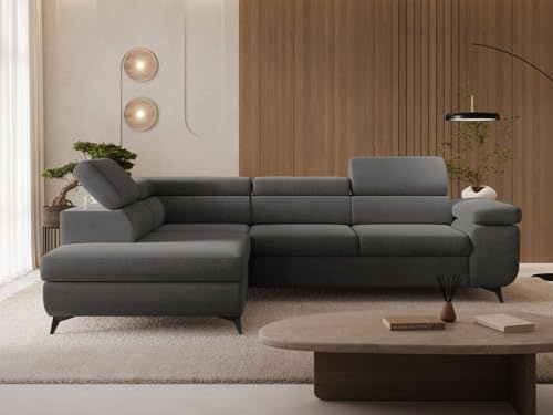 GRAINGOLD Argon L Ecksofa modern mit Bettfunktion, 255x190 cm, L-Form Sofa, Schlafcouch für Wohnzimmer, Velvet-Stoff, 4-Sitzer Eckcouch, Ecksofa mit Bettkasten (Dunkelgrau, Links)