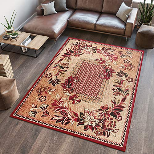 TAPISO Atlas Teppich Kurzflor Floral Blumen Beige Rot Creme Meliert Bordüre Schlafzimmer Wohnzimmer Vintage Modern ÖKOTEX 200 x 300 cm