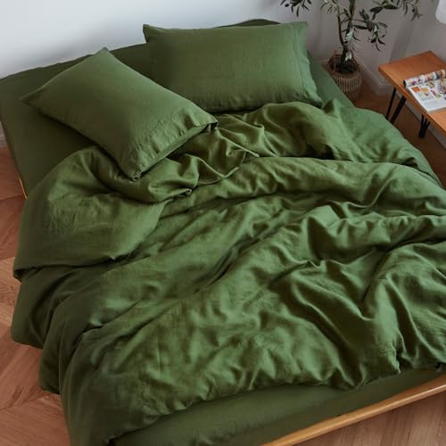 Sijo Stone Washed Organic French Linen Bed Sheet Set, GOTS Certified Organic, Best Cooling Linen Sheet Award by Sleep Foundation, 4 Piece - 2 Pillowcases, 1 Fitted and 1 Flat (Forest, King)