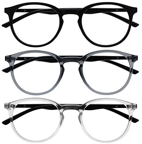 OPULIZE Met - Blue Light Blocking Glasses 3 Pack Slim Round Frame Scratch Resistant Spring Hinges Improve Sleep Computer Gaming Anti-Reflective Black Grey Transparent Mens Womens BBB60-17C +0.00