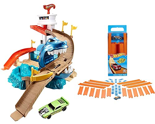 Hot Wheels BGK04 City Color Shifters Hai-Attacke Spielset & BHT77 Track Builder Gerade Rennbahn Set, Trackset Zubehör mit ca. 4,5 m Länge und 18 Trackverbindungen inkl. 1 Spielzeugauto, ab 6 Jahren