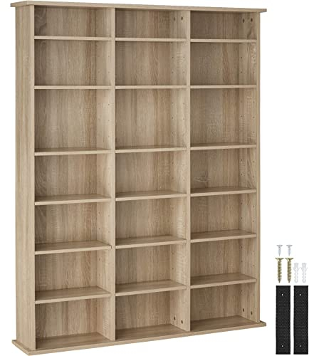tectake® CD Regal, DVD Regal, Medienregal CD Ständer, Raumteiler Schrank mit Kippschutz, 18 einstellbare Zwischenböden, Manga Regal, DVD Schrank offen, CD Aufbewahrungssystem - Holz hell, Eiche Sonoma