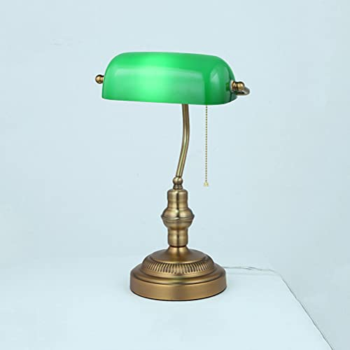 Banker Tischleuchte-Lampe Mit Zugschalter, Traditionelle Vintage Schreibtischlampe Nachttischlampe Einstellbar Grün Glasschirm Messing Finish Wohnzimmer Leselampe Bürolampe Antik Nostalgie Bankerlampe