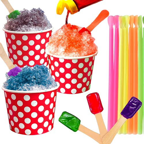 105 Piece Multi-Colored Snow Cone/Shaved Ice Kit - Includes 25 Red and White Polka Dot Cups, 30 Candy Spoons, and 50 Neon Straws - Perfect For Birthdays, Sporting Events, Concerts, Festivals