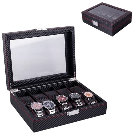 MAGIC SELECT Etui Uhrenbox mit Fächern, Uhrenbox aus Kunstleder, im Carbonfaser-Stil, Organizer für Uhren, mit Glasdeckel, Kissen und sicherem Verschluss