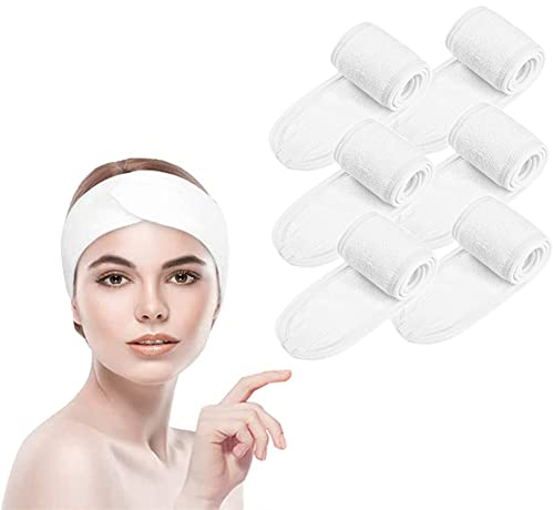 BangShou 6Stk Kosmetik Haarband mit Klettverschluss, SPA Kosmetik Stirnband Frottee Haarschutzband für Duschen, Make Up und Kosmetik (Weiss)
