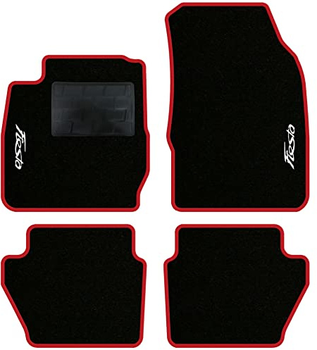 QUEMAR Auto-Fußmatten kompatibel mit Ford Fiesta MkVI 6 Serie 2008-2017/Set Fußmatten und Gummi nach Maß (Set 2 vorne + 2 Poster.)/Stickerei und personalisierte Farben (2 Stickereien, roter Rand)