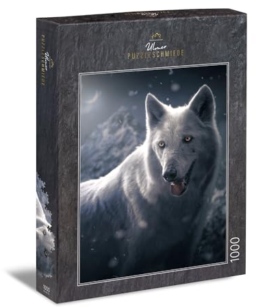 Ulmer Puzzleschmiede - Puzzle „Tundra Wolf“ - Stimmungsvolles Nacht-Puzzle mit 1000 Teilen - in schwarz und weiß bringt das Puzzle Tiere mit ihrer Symbolkraft perfekt zur Geltung - Made in Germany