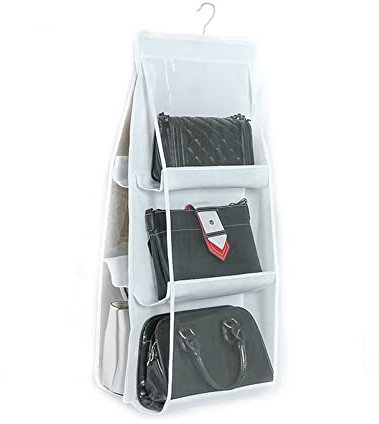 Closet Hanging Handbag Organiser, Wardrobe Pouch Tote Bag Purse Collection Holder, Over the Door Space Saving Shelf Pocket Storage with 6/8 Pockets for Bedrooms Living Room(White)