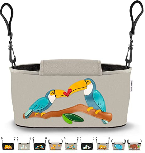 GRINSEZWERGE Kinderwagen Organizer 12 Motive mit Feuchttuchspender I Kinderwagen Tasche mit Schultergurt I Kinder Buggy Organizer I Kinderwagentasche Aufbewahrungstasche Baby Stroller Bag grau Tukan