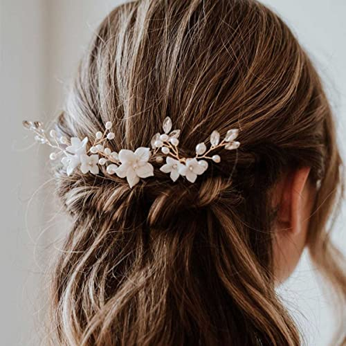 Bufenia Kristall Braut Haarnadeln Weiße Blume Hochzeit Haarteile Handgemachte Braut Brautjungfern Haarschmuck, 3er Pack (Gold)
