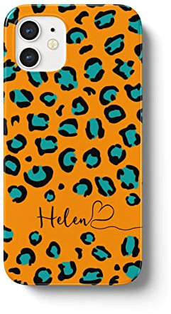 iCaseDesigner Personalised Name with Heart Animal Print Phone Case Compatible with iPhone 13 Pro Max. 6. Orange & Teal Leopard