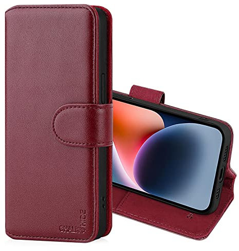 CHALK & HIDE - Real Leather Book Wallet Flip Case Cover For Apple iPhone 14 (6.1), Real Leather Design With Card Slot, Magnetic Closure and Built In Stand - Burgundy