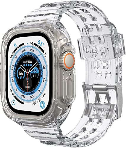 Miimall Transparent Strap Compatible with Apple Watch Ultra 49mm, Soft Silicon Sports Shockproof Waterproof Band with Rugged Bumper Case Adjustable Replacement Strap for iwatch 49mm-Clear