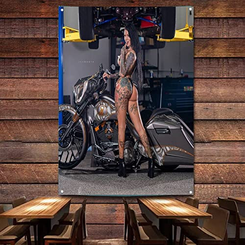 Retro Motorrad Banner Flagge Sexy High Heels Babes Werkstatt Garage Poster Wandkunst Dekor Tapisserie Vintage Schild Mann Höhle Pub Club 96 x 144 cm B 13
