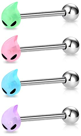 Melighting 4 Stück Zungenpiercings Glow in The Dark Zungenpiercing Bar Alien Zungenringe 14G 316L Edelstahl Zungenpiercing Barbell Schmuck Tongue Piercings for Women