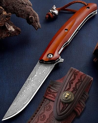 Omesio Damasco coltello pieghevole coltello da tasca Damasco, Damasco giapponese coltello da tasca Damasco manico in legno (coltello a una mano + fodero in pelle) ideale per il campeggio e la caccia