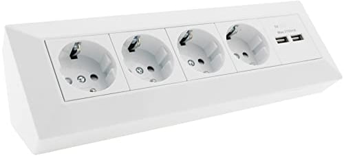 Bloc de prises 4 prises + 2x USB, blanc, facile à monter car l'intérieur est pré-câblé, montage en saillie - idéal pour les plans de travail et les établis