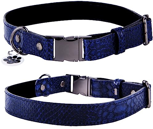 FAVPET Echtleder Dünnes Halsband Hund Verstellbar mit QR Code Anhänger, Hochwertige Hundehalsbänder mit Klickverschluss, Verstellbares Hundehalsband Leder Schmal, Lederhalsband Hund (M, Blau)