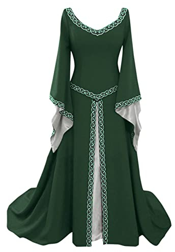 TDEOK Robe Médiévale à Manches Longues pour Femmes Cosplay, Robe de Sol Col V Robe Femme Robe en Pierre Pichet Médiéval, vert, XXXXL