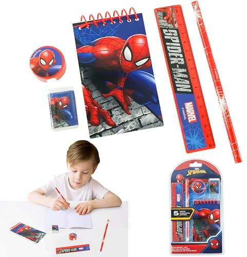 Spiderman-Schul-Schreibwaren-Set für Kinder, A5-Notizbuch, Radiergummi, Bleistift, Lineal, Spitzer, Marvel Avengers Aktivitätenbuch, Schreibwaren-Geschenke für Jungen, ideal für Künstler,