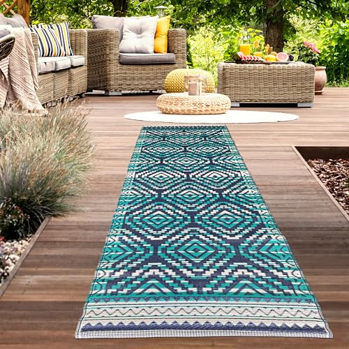 CARPETIA Kunststoff Outdoor Teppich wetterfest leicht modern Balkonteppich Garten Terrasse Azteken Muster türkis-blau Läufer lang 90 x 300 cm