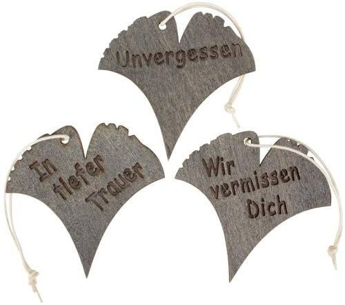 Matches21 Lot de 3 pendentifs en bois en forme de feuille de ginko - Pour arrangements funéraires - Gris - Décoration pour cadeaux de condoléances pour les survivants - 13,7 x 6,6 cm