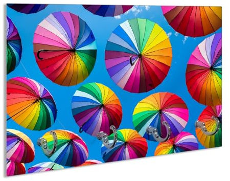 Wallario Schlüsselbrett aus Glas 30 x 20 cm, Wand Schlüsselhalter mit 4 Haken, Motiv: Bunte Regenschirme vor blauem Himmel