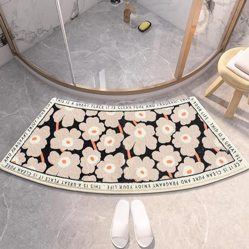 HEcSHENG Eck-Duschmatte für Außendusche, super saugfähiger gebogener Badeteppich, rutschfeste Gebogene Duschmatte, weicher Badezimmerteppich mit Blumenmuster für Zuhause, Hotel, maschinenwaschbar