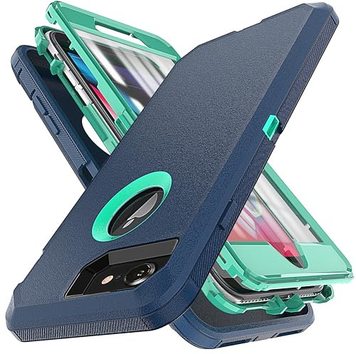 YmhxcY Case for iPhone 8/7/SE 2020/2022 with Built-in Screen Protector - 3-Layer Durable Cover/Shockproof Armor - Drop Protection - Blue/Turquoise
