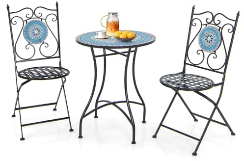 GOPLUS 3 Pcs Set de Salon de Jardin Mosaïque avec 2 Chaises Pliantes et 1 Table Rond, Ensemble de Table et Chaises Design Vinage Style Lisbonne en Fer, Charge Max. 50/150kg (Fleur)
