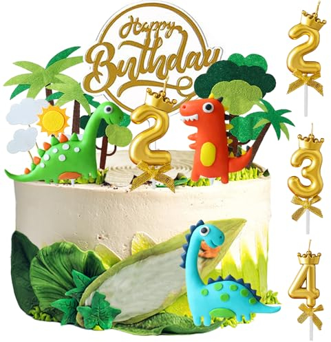 YOUYIKE 14 Stück Dino Tortendeko 2/3/4 Jahre, 3D Dino Kuchen Deko Junge, Dino Cupcake Toppers, Tortendeko Junge 4. Geburtstag, für Kinder 4 Jahre Geburtstag Deko Muffin Deko
