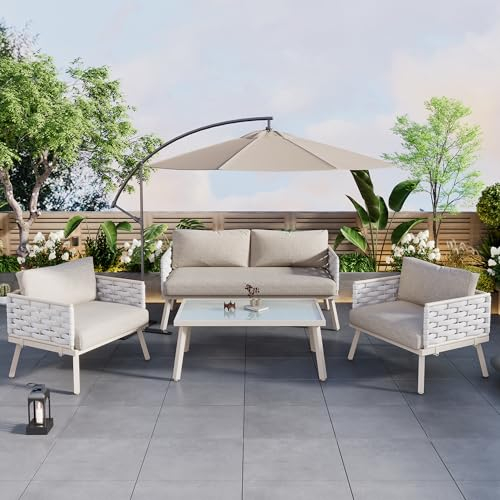 Gartenlounge-Set, Gartenmöbel-Set mit verzinktem Stahlgestell (4-teiliges Esstisch-Set, 1 2-Sitzer-Sofa, 2 Einzelstühle, 1 Tisch), Tischplatte aus Glas, Dickes PE-Rattan, Weiß, inklusive Kissen