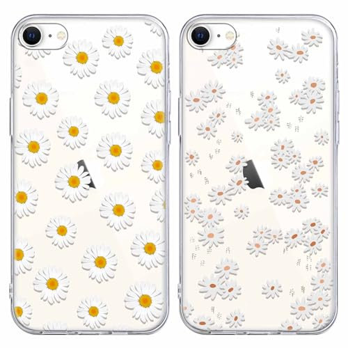 Foonary 2 Pack Clear Print Phone Case Compatible with iPhone 8/SE 2022/7/SE 2020 4.7,Soft Silicone with Daisy Flower Design Aesthetics Transparent Pattern Cases, Shockproof Bumper Protector Cover