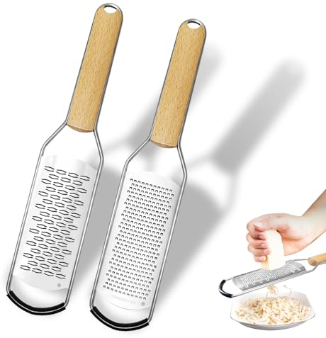 Grattugia per parmigiano, 2 pezzi, grattugia per formaggio con lama in acciaio inox, grattugia per formaggio, aglio, manico in legno, con copertura protettiva e spazzola in silicone