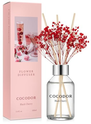 COCODOR Flower Reed Diffuser set / 100ml / Black Cherry/Scent Diffuser with Sticks Home Fragrance Reed Diffuser for Bathroom Shelf Decor