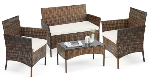DUMOS Rattan Gartenmöbel Set, Wasserfest und Atmungsaktiv Terrassenmöbel, Balkonmöbel mit 2 Armlehnstühlen und 1 Rattansofa-Möbelsets, Balkon Möbel Geeignet für Balkon, Garten, Hinterhof (Braun)