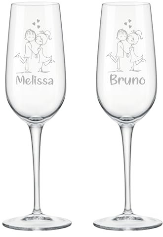 Colorfamily Set di 2 Calici Flute da Champagne Personalizzati con Incisione Nomi Fumetto, Regalo Matrimonio Anniversario per Coppia