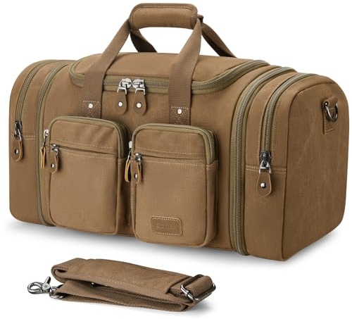 Gonex Canvas Reisetasche 50L Erweiterbar, Weekender Handgepäck | Spritzwasserfest, Nass‑Trocken‑Fachtasche, Koffergriff‑Hülse, Abnehmbarer Schultergurt, Rutschfeste Bodenpads, Kaffeebraun
