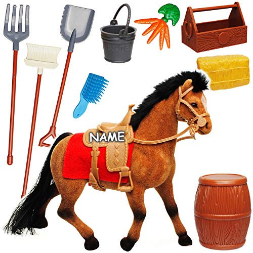 alles-meine.de GmbH 11 TLG. Spielzeugset: großes Pferd + Zubehör - inkl. Name - mit abnehmbaren Sattel - 18 cm hoch - Bauernhofset - Pferdeset - zum Reiten für Spielzeug Puppen /..