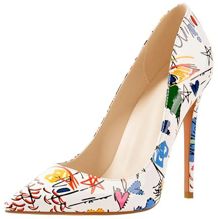 blingqueen Stiletto Heel Pumps for Women Pointed Toe High Heels Wedding Shoes Sexy 4.7 Inch Heel for Women Pole Dancing Shoes Casual Court Shoes Graffiti Party Dress Size 9 UK