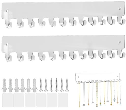 Colgador Collares Pared, Soporte de Joyas con 12 Ganchos, Organizador de Collare, Estante de Exhibición de Joyería para Collar, Anillos, Brazaletes y Pendientes, Acrílico, 2 Piezas, Transparente