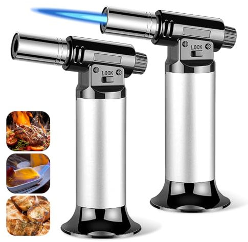Lot de 2 chalumeaux de cuisine professionnels - Chalumeau Bunsen haute température et brûleur de cuisine avec serrure de sécurité - Brûleur à crème brûlée réglable pour cuisine et extérieur (butane