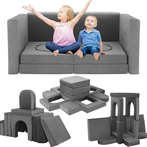 Frxeyaliz 12PCS Modular Kids Play Couch Child Convertible Building Fort Sofa and Cushion DIY Floor Sofa for Playroom Bedroom (Dark Grey)