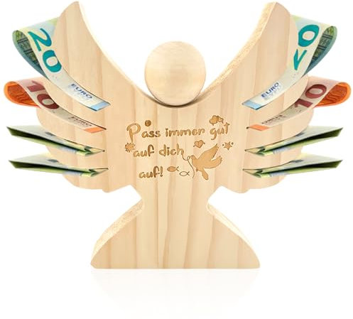 GreenYeah Holzengel mit Gravur zur Taufe, Personalisierter Schutzengel zur Kommunion, Schutzengel Kommunion Jungen Holz Taufgeschenk, Verpackung für Geldgeschenke, Holzfiguren Deko