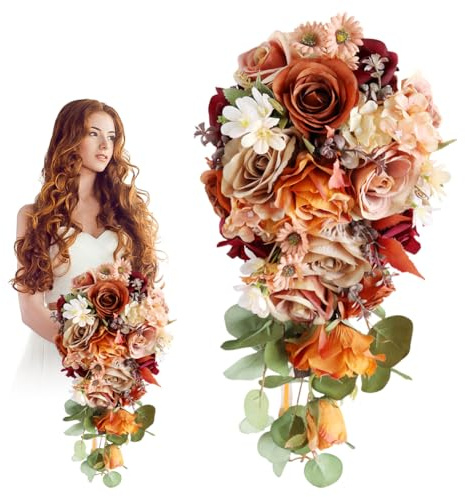 Bouquet de Mariage en Cascade, Bouquet de Fleurs en Soie Roses Artificiel, Fleurs de Mariage Orange Rustiques, Bouquet de Roses à la main pour Mariée, Demoiselle d'honneur, Décor de Mariage, #3